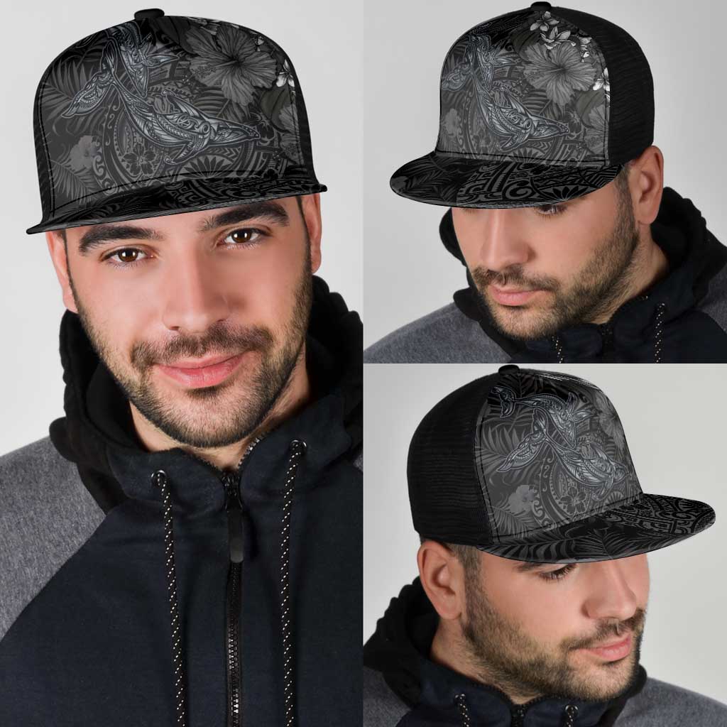 Hawaiian Tropical Plants and Tribal Whales Mesh Trucker Cap Polynesian Art Tattoo Grayscale