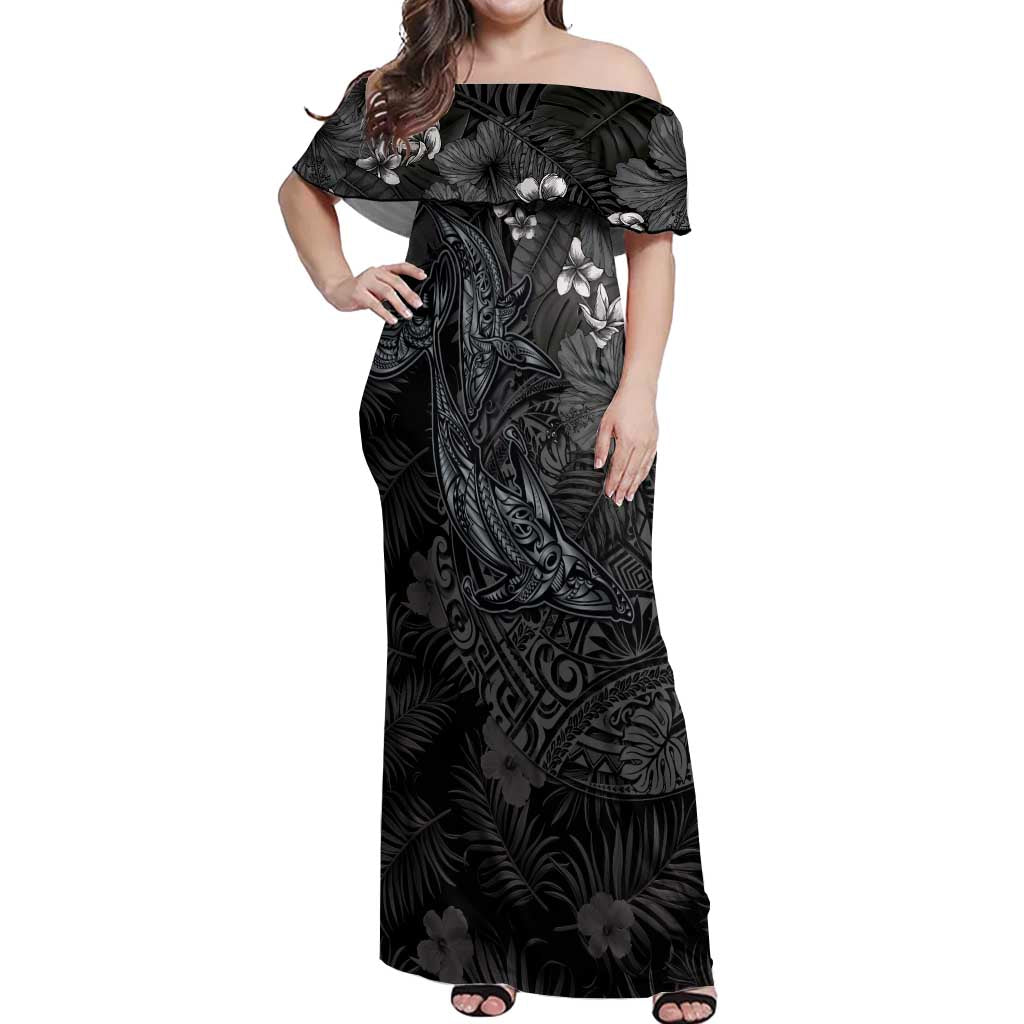 Hawaiian Tropical Plants and Tribal Whales Off Shoulder Maxi Dress Polynesian Art Tattoo Grayscale LT03 Women Black - Polynesian Pride