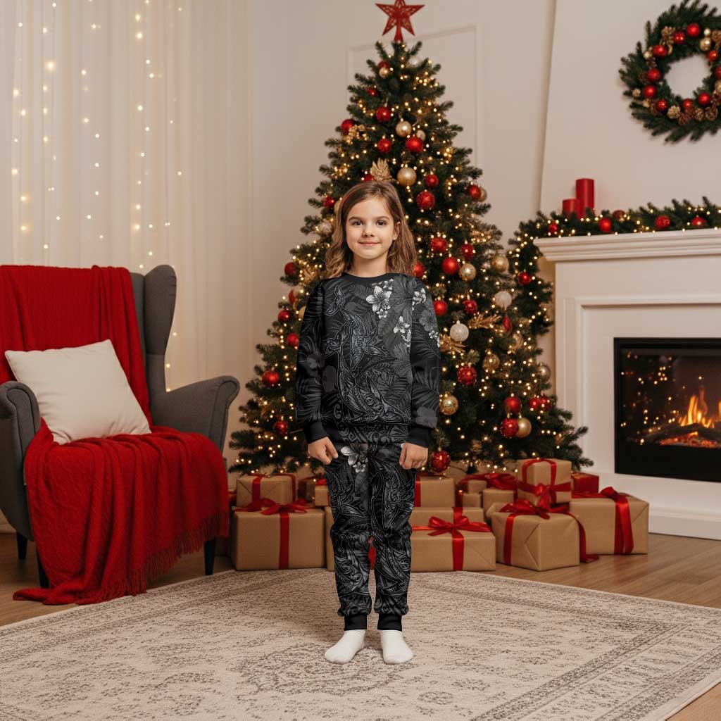 Hawaiian Tropical Plants and Tribal Whales Christmas Pajama Set Polynesian Art Tattoo Grayscale LT03 Kid Black - Polynesian Pride