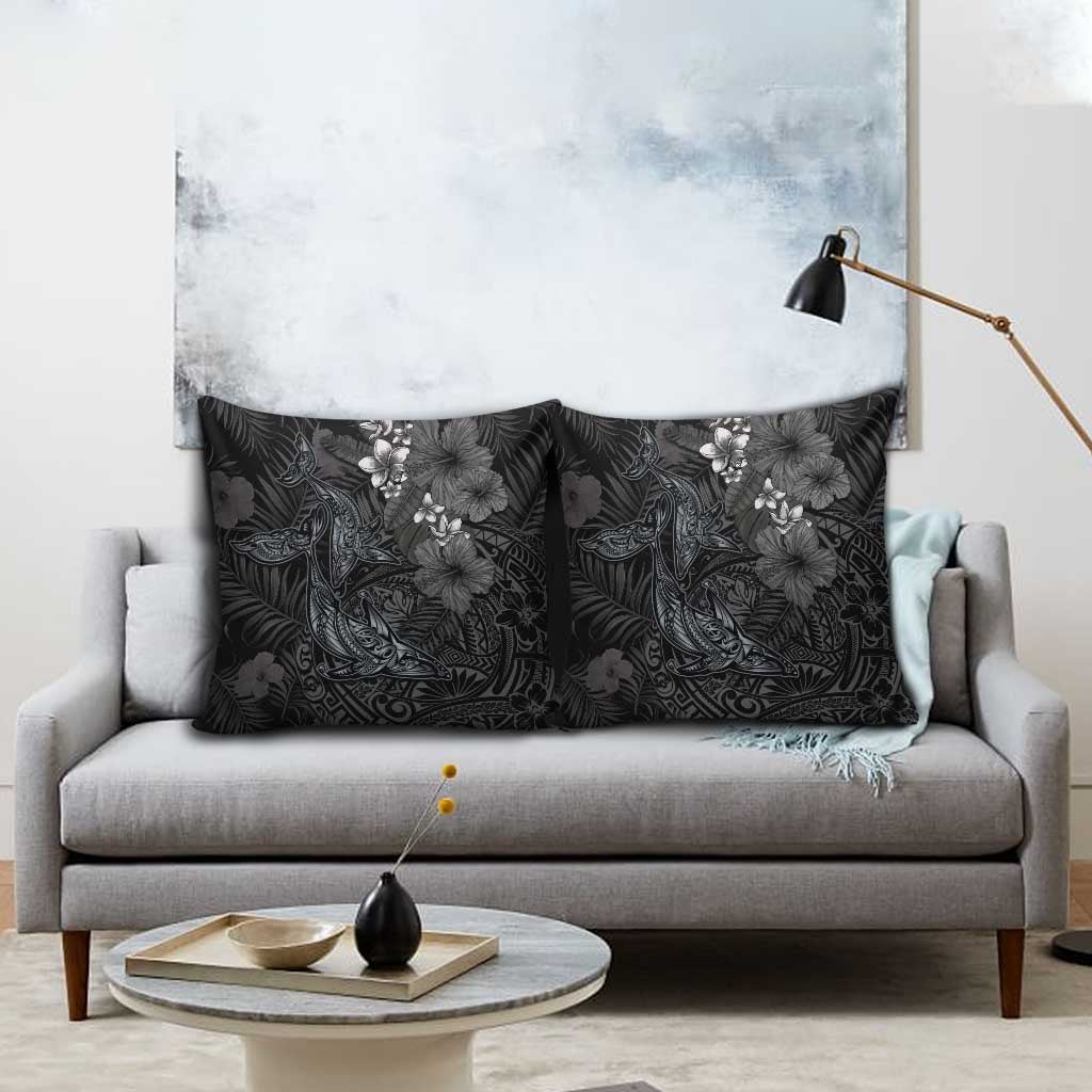 Hawaiian Tropical Plants and Tribal Whales Pillow Cover Polynesian Art Tattoo Grayscale