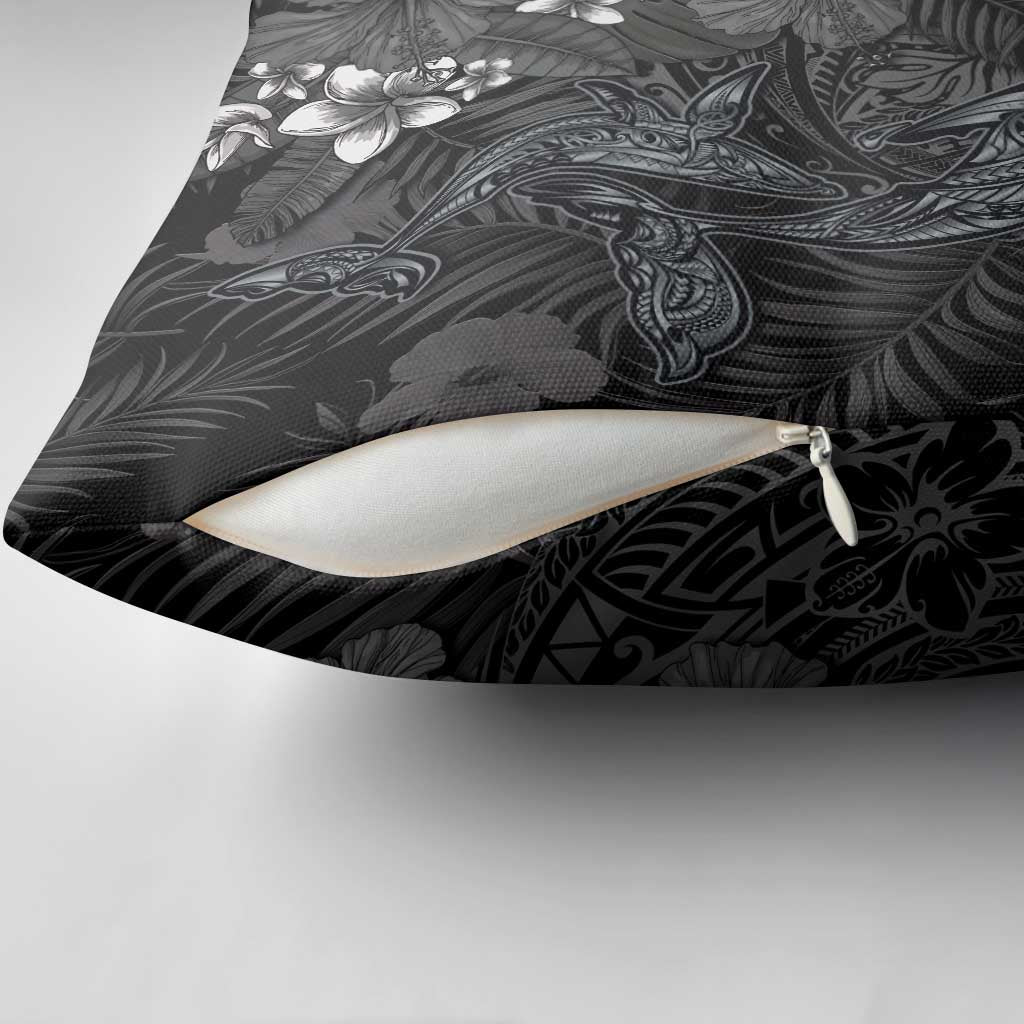 Hawaiian Tropical Plants and Tribal Whales Pillow Cover Polynesian Art Tattoo Grayscale