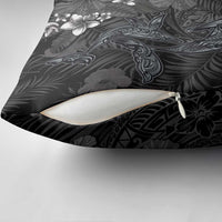 Hawaiian Tropical Plants and Tribal Whales Pillow Cover Polynesian Art Tattoo Grayscale