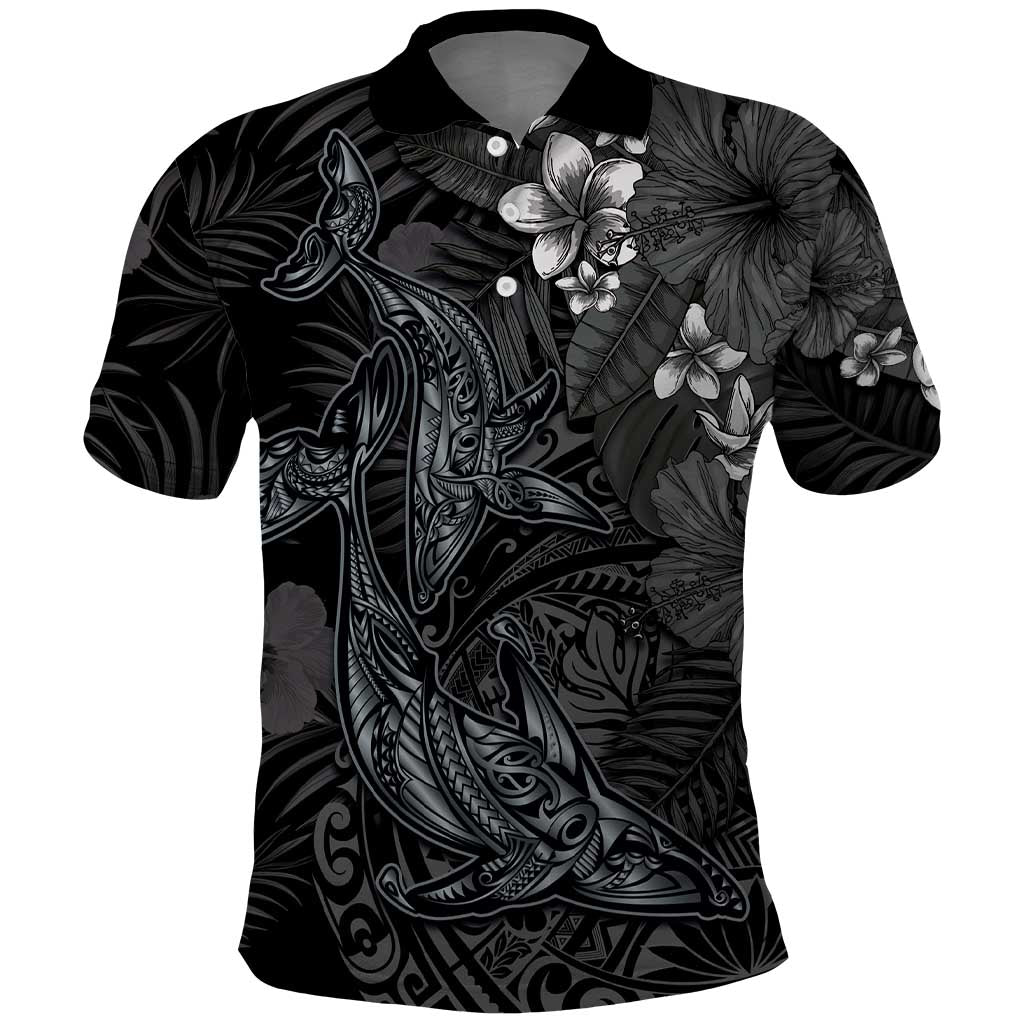 Hawaiian Tropical Plants and Tribal Whales Polo Shirt Polynesian Art Tattoo Grayscale LT03 Black - Polynesian Pride