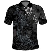 Hawaiian Tropical Plants and Tribal Whales Polo Shirt Polynesian Art Tattoo Grayscale LT03 Black - Polynesian Pride