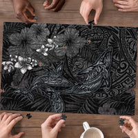 Hawaiian Tropical Plants and Tribal Whales Puzzle Polynesian Art Tattoo Grayscale