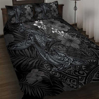 Hawaiian Tropical Plants and Tribal Whales Quilt Bed Set Polynesian Art Tattoo Grayscale