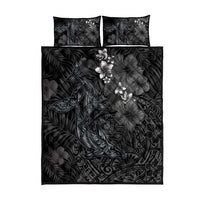 Hawaiian Tropical Plants and Tribal Whales Quilt Bed Set Polynesian Art Tattoo Grayscale