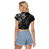 Hawaiian Tropical Plants and Tribal Whales Raglan Cropped T Shirt Polynesian Art Tattoo Grayscale LT03 - Polynesian Pride