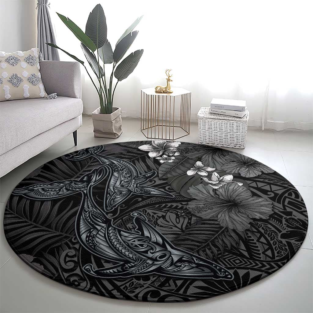 Hawaiian Tropical Plants and Tribal Whales Round Carpet Polynesian Art Tattoo Grayscale