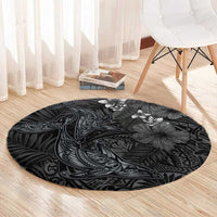 Hawaiian Tropical Plants and Tribal Whales Round Carpet Polynesian Art Tattoo Grayscale