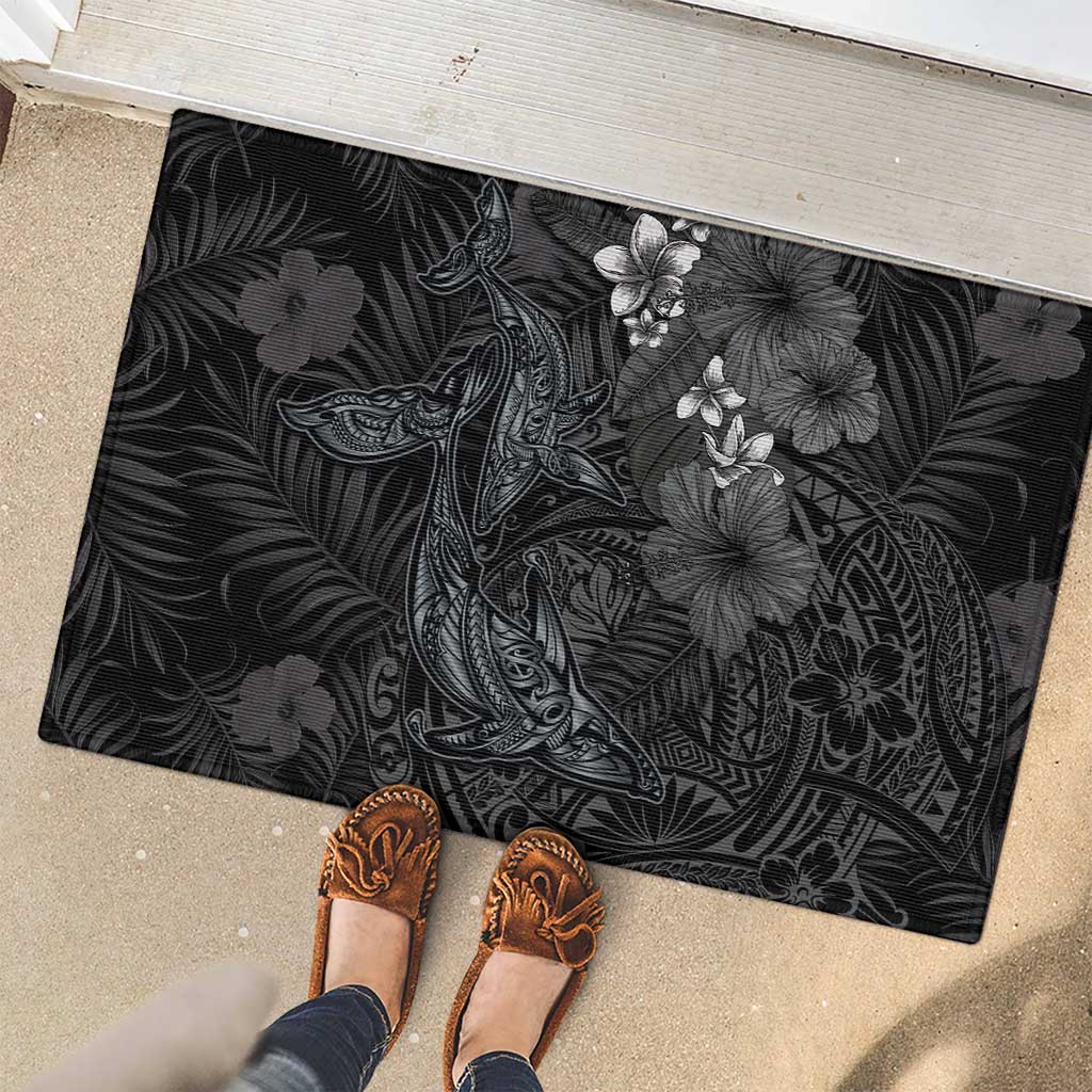 Hawaiian Tropical Plants and Tribal Whales Rubber Doormat Polynesian Art Tattoo Grayscale