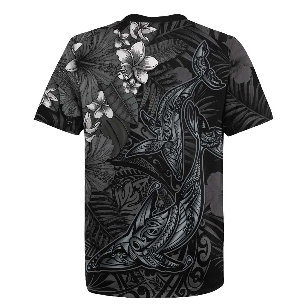 Hawaiian Tropical Plants and Tribal Whales Rugby Jersey Polynesian Art Tattoo Grayscale
