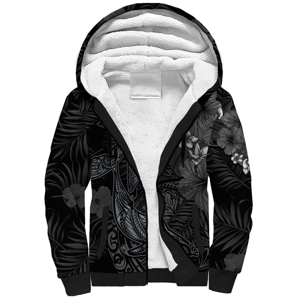 Hawaiian Tropical Plants and Tribal Whales Sherpa Hoodie Polynesian Art Tattoo Grayscale LT03 Unisex Black - Polynesian Pride
