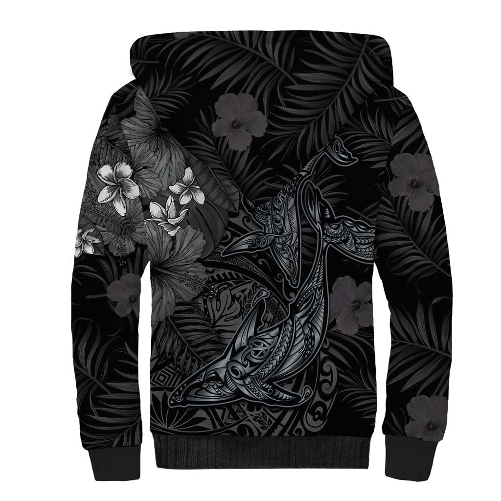 Hawaiian Tropical Plants and Tribal Whales Sherpa Hoodie Polynesian Art Tattoo Grayscale LT03 - Polynesian Pride