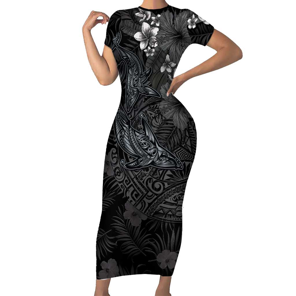 Hawaiian Tropical Plants and Tribal Whales Short Sleeve Bodycon Dress Polynesian Art Tattoo Grayscale LT03 Long Dress Black - Polynesian Pride