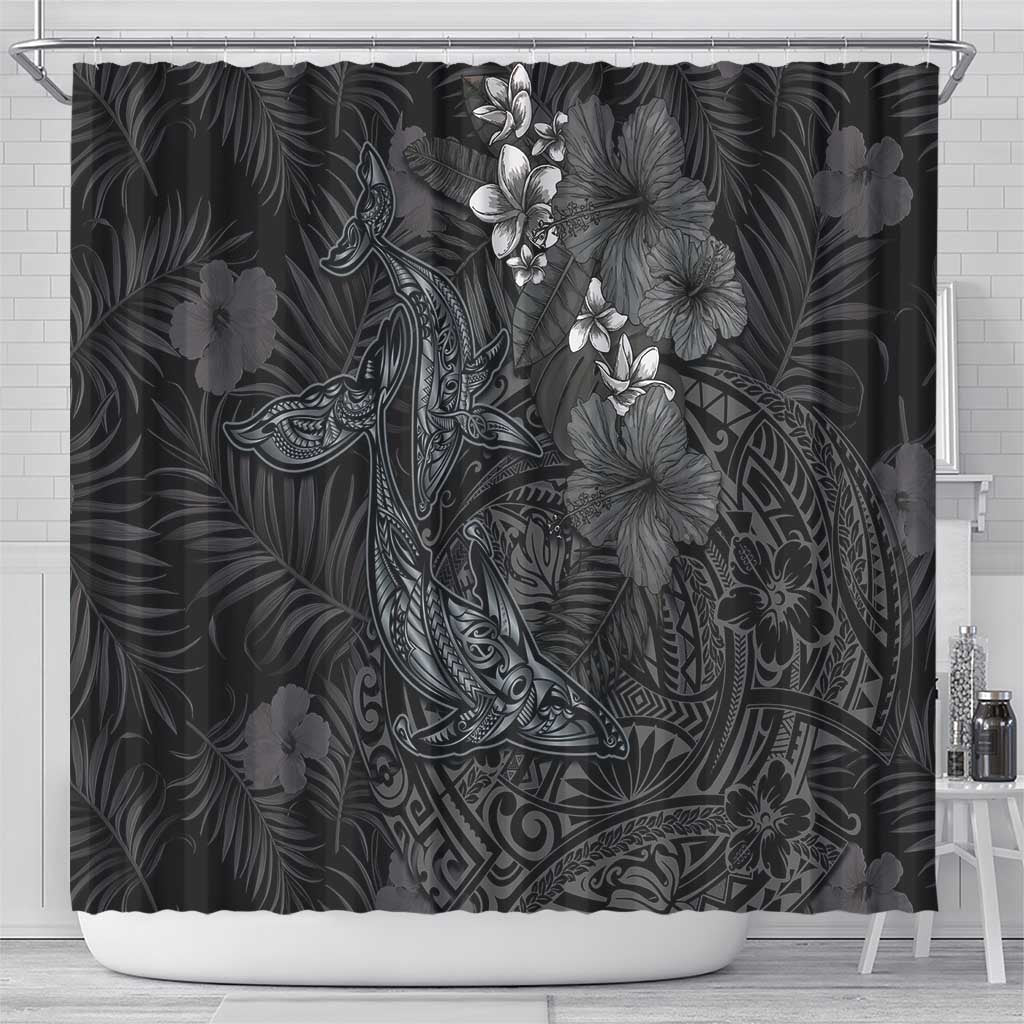 Hawaiian Tropical Plants and Tribal Whales Shower Curtain Polynesian Art Tattoo Grayscale