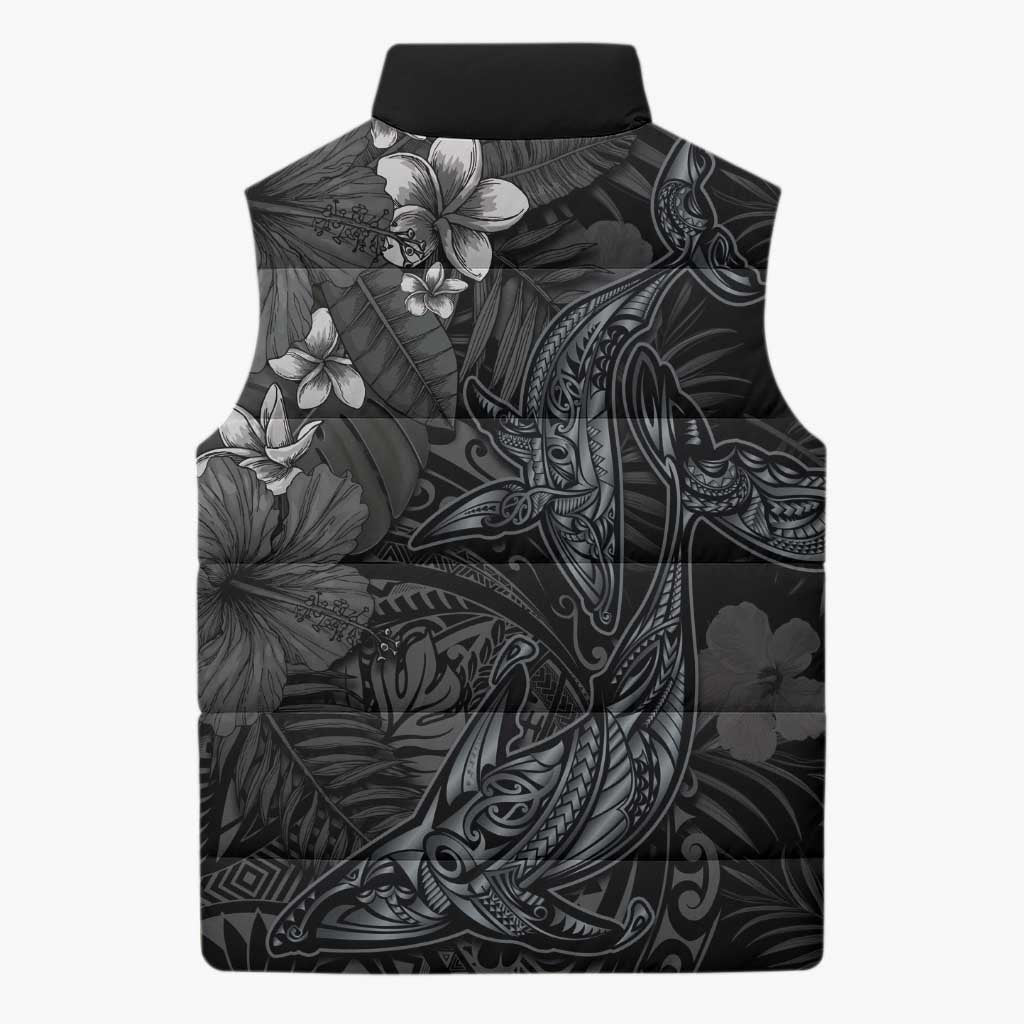Hawaiian Tropical Plants and Tribal Whales Sleeveless Puffer Jacket Polynesian Art Tattoo Grayscale
