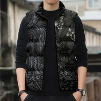 Hawaiian Tropical Plants and Tribal Whales Sleeveless Puffer Jacket Polynesian Art Tattoo Grayscale