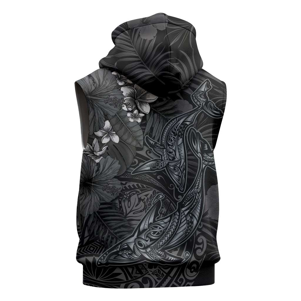 Hawaiian Tropical Plants and Tribal Whales Sleeveless Zip Hoodie Polynesian Art Tattoo Grayscale LT03 - Polynesian Pride