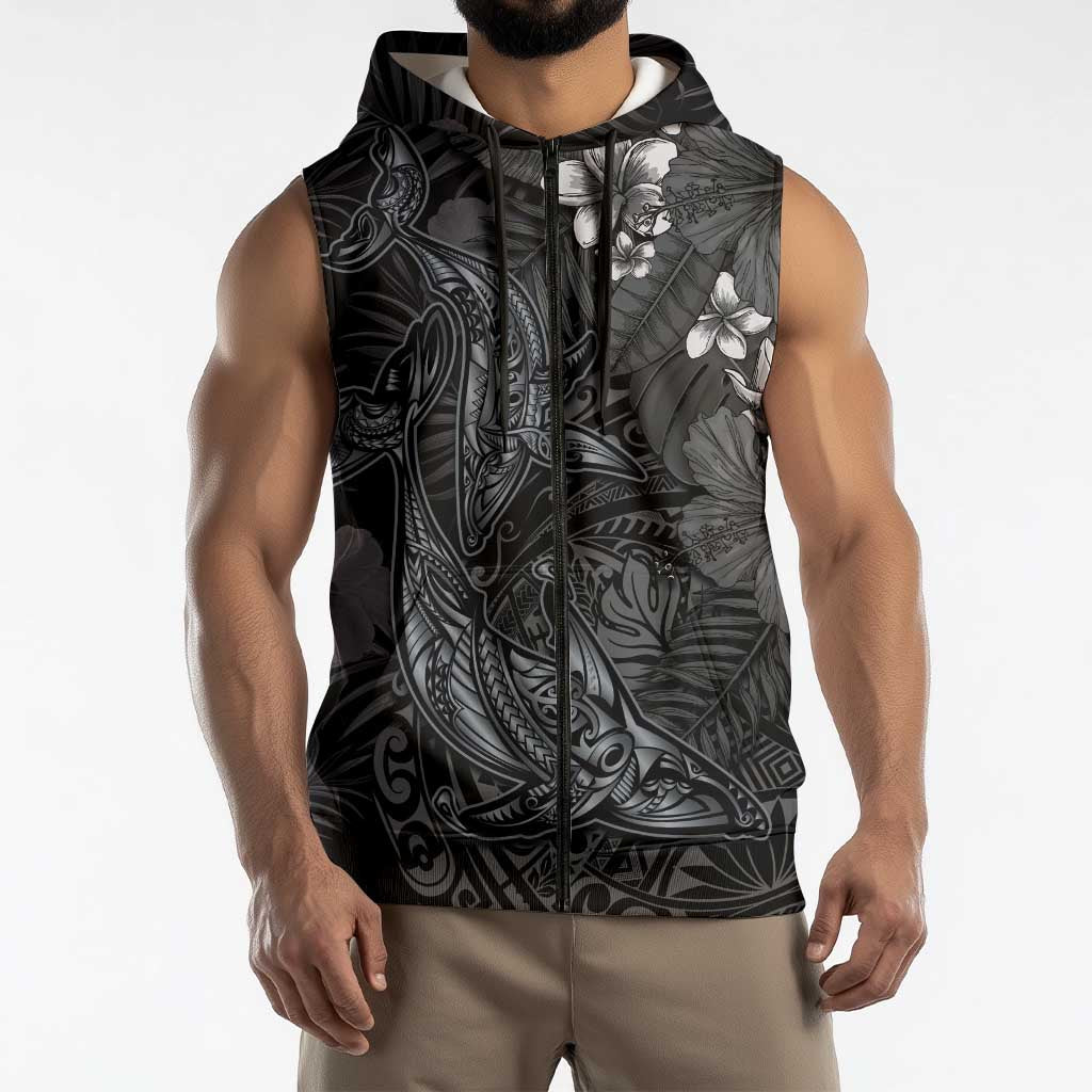 Hawaiian Tropical Plants and Tribal Whales Sleeveless Zip Hoodie Polynesian Art Tattoo Grayscale LT03 - Polynesian Pride