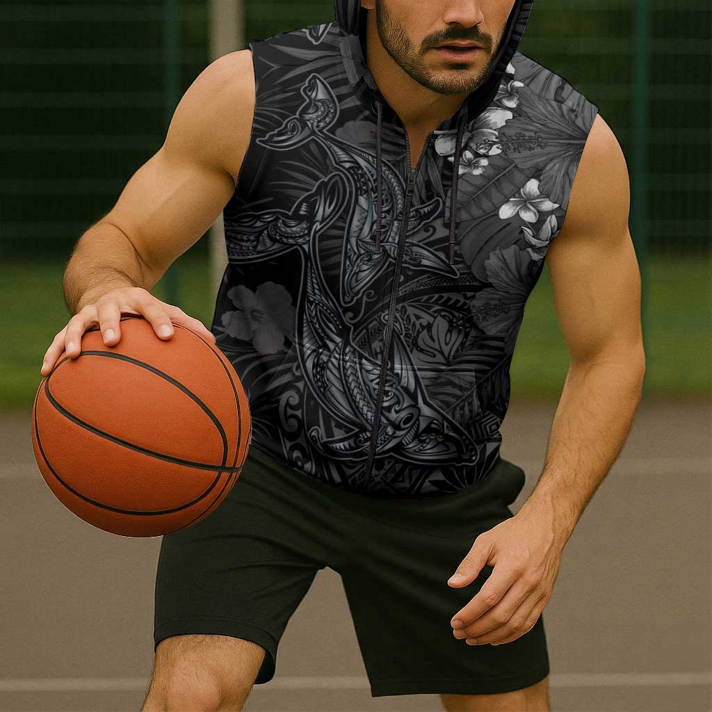Hawaiian Tropical Plants and Tribal Whales Sleeveless Zip Hoodie Polynesian Art Tattoo Grayscale LT03 - Polynesian Pride