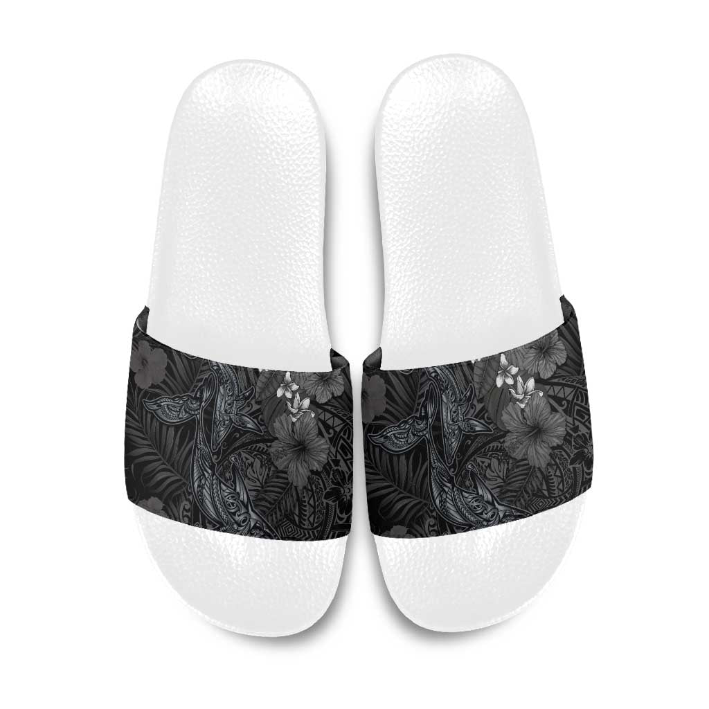 Hawaiian Tropical Plants and Tribal Whales Slide Sandals Polynesian Art Tattoo Grayscale