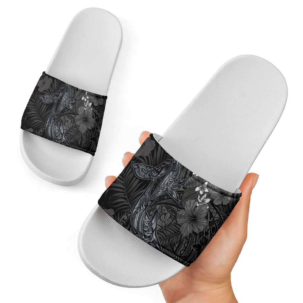 Hawaiian Tropical Plants and Tribal Whales Slide Sandals Polynesian Art Tattoo Grayscale
