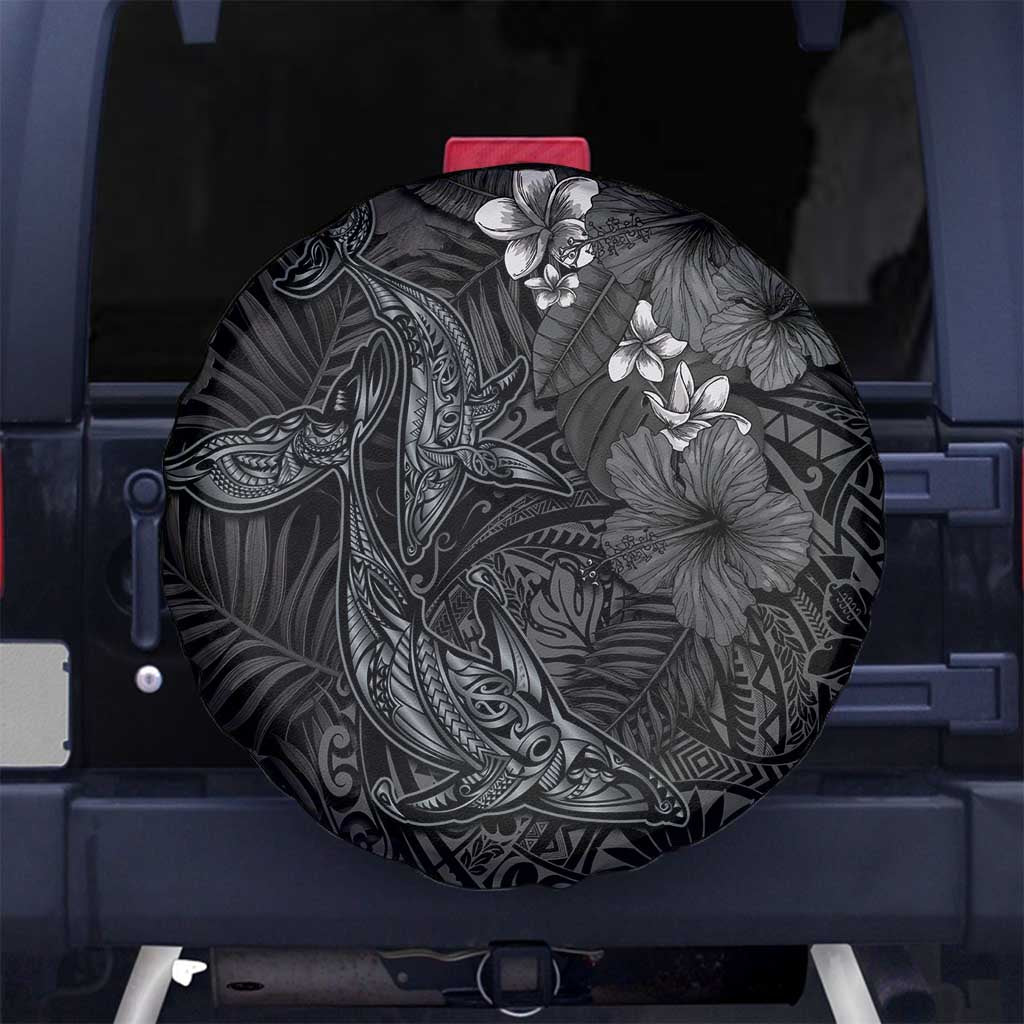 Hawaiian Tropical Plants and Tribal Whales Spare Tire Cover Polynesian Art Tattoo Grayscale LT03 No hole Black - Polynesian Pride