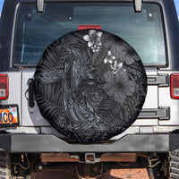 Hawaiian Tropical Plants and Tribal Whales Spare Tire Cover Polynesian Art Tattoo Grayscale LT03 Black - Polynesian Pride