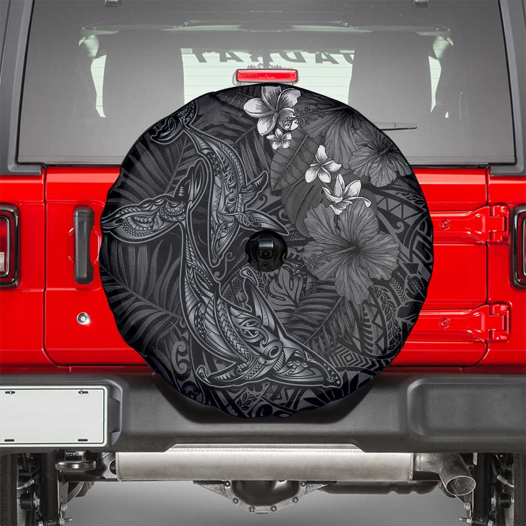 Hawaiian Tropical Plants and Tribal Whales Spare Tire Cover Polynesian Art Tattoo Grayscale LT03 - Polynesian Pride