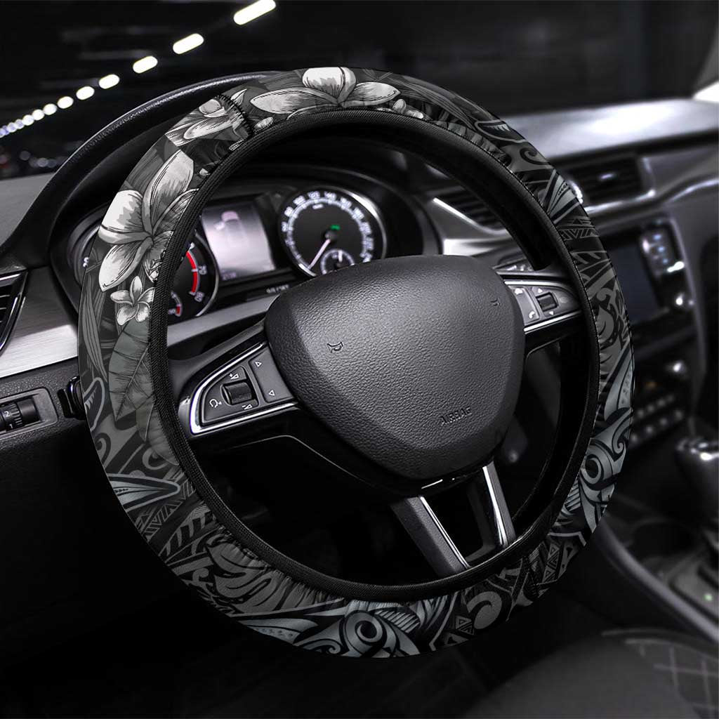 Hawaiian Tropical Plants and Tribal Whales Steering Wheel Cover Polynesian Art Tattoo Grayscale LT03 Universal Fit Black - Polynesian Pride