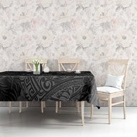 Hawaiian Tropical Plants and Tribal Whales Tablecloth Polynesian Art Tattoo Grayscale