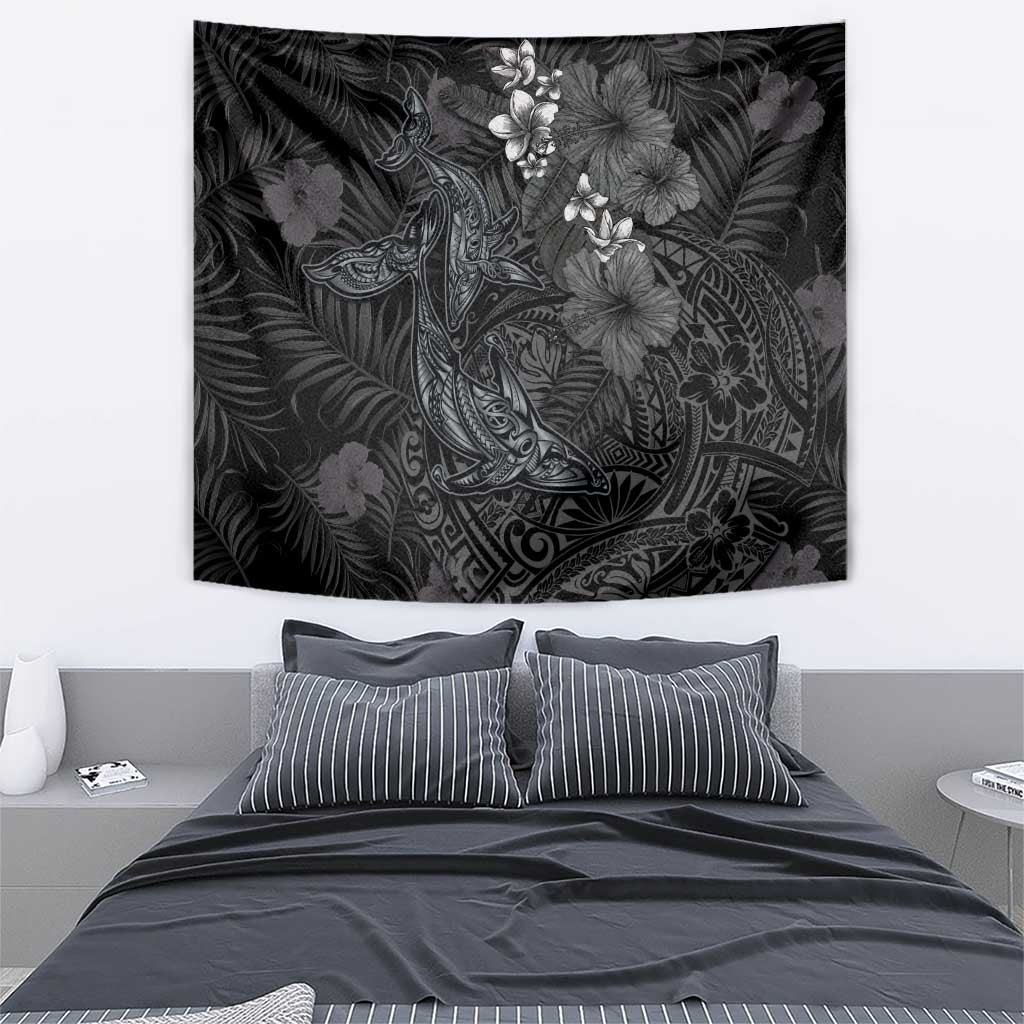 Hawaiian Tropical Plants and Tribal Whales Tapestry Polynesian Art Tattoo Grayscale