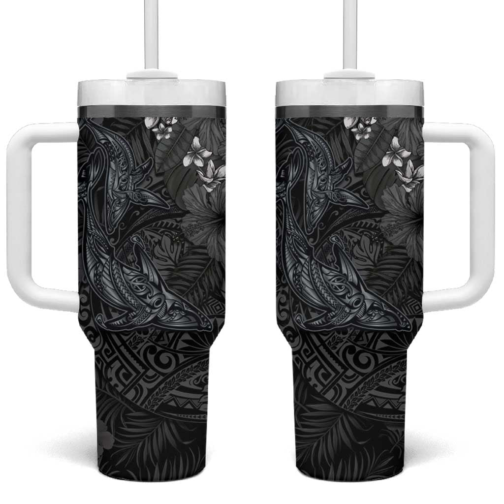 Hawaiian Tropical Plants and Tribal Whales Tumbler With Handle Polynesian Art Tattoo Grayscale LT03 One Size: 40 oz Black - Polynesian Pride
