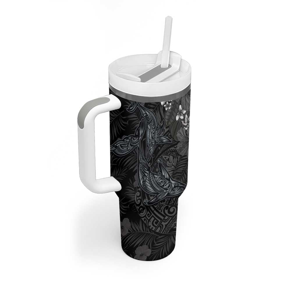 Hawaiian Tropical Plants and Tribal Whales Tumbler With Handle Polynesian Art Tattoo Grayscale LT03 - Polynesian Pride
