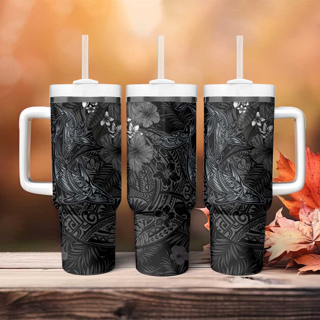 Hawaiian Tropical Plants and Tribal Whales Tumbler With Handle Polynesian Art Tattoo Grayscale LT03 - Polynesian Pride
