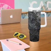 Hawaiian Tropical Plants and Tribal Whales Tumbler With Handle Polynesian Art Tattoo Grayscale LT03 - Polynesian Pride
