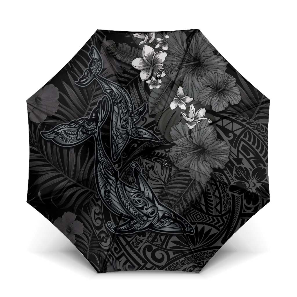 Hawaiian Tropical Plants and Tribal Whales Umbrella Polynesian Art Tattoo Grayscale
