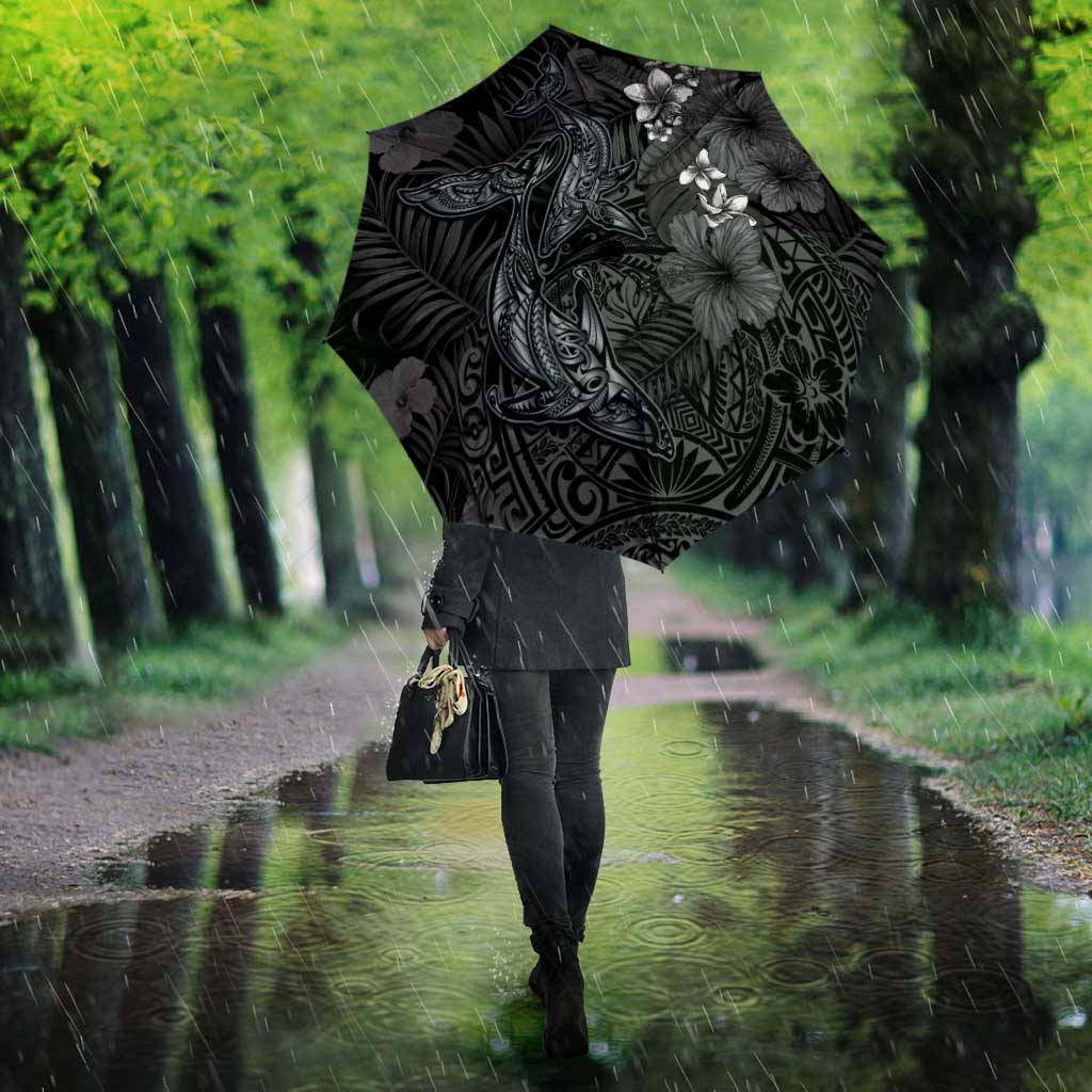 Hawaiian Tropical Plants and Tribal Whales Umbrella Polynesian Art Tattoo Grayscale