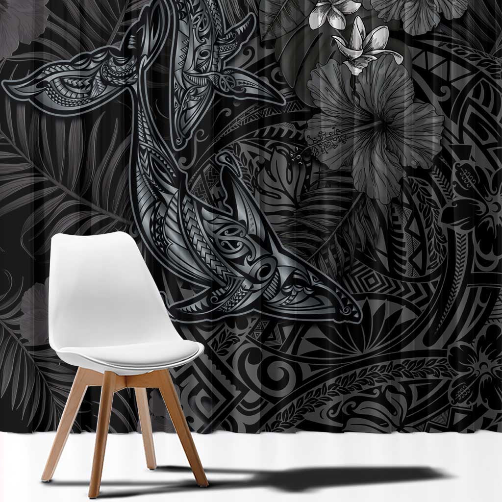 Hawaiian Tropical Plants and Tribal Whales Window Curtain Polynesian Art Tattoo Grayscale