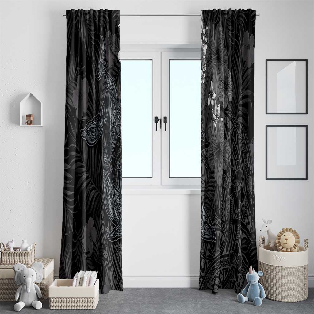 Hawaiian Tropical Plants and Tribal Whales Window Curtain Polynesian Art Tattoo Grayscale