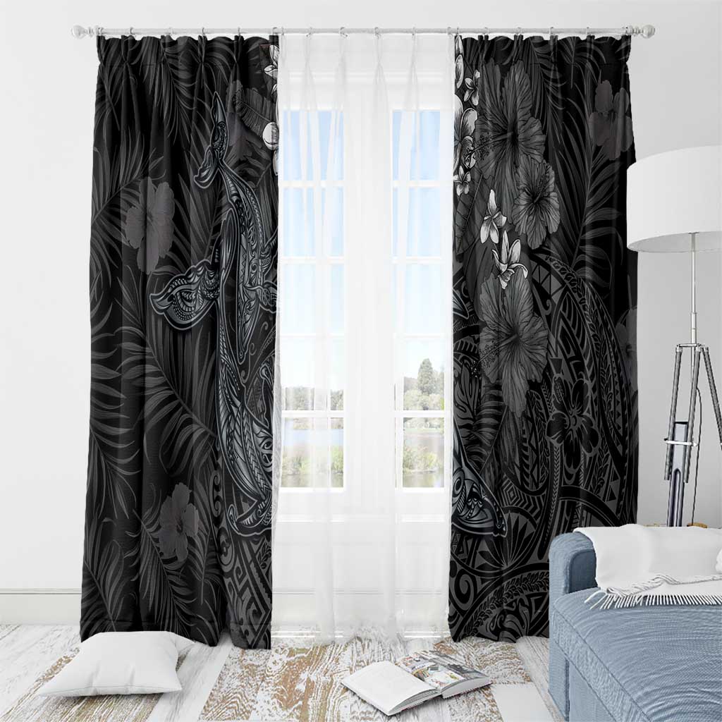Hawaiian Tropical Plants and Tribal Whales Window Curtain Polynesian Art Tattoo Grayscale