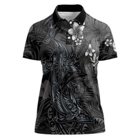 Hawaiian Tropical Plants and Tribal Whales Women Polo Shirt Polynesian Art Tattoo Grayscale LT03 Female Black - Polynesian Pride