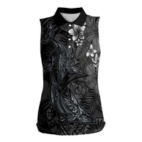 Hawaiian Tropical Plants and Tribal Whales Women Sleeveless Polo Shirt Polynesian Art Tattoo Grayscale LT03 Female Black - Polynesian Pride