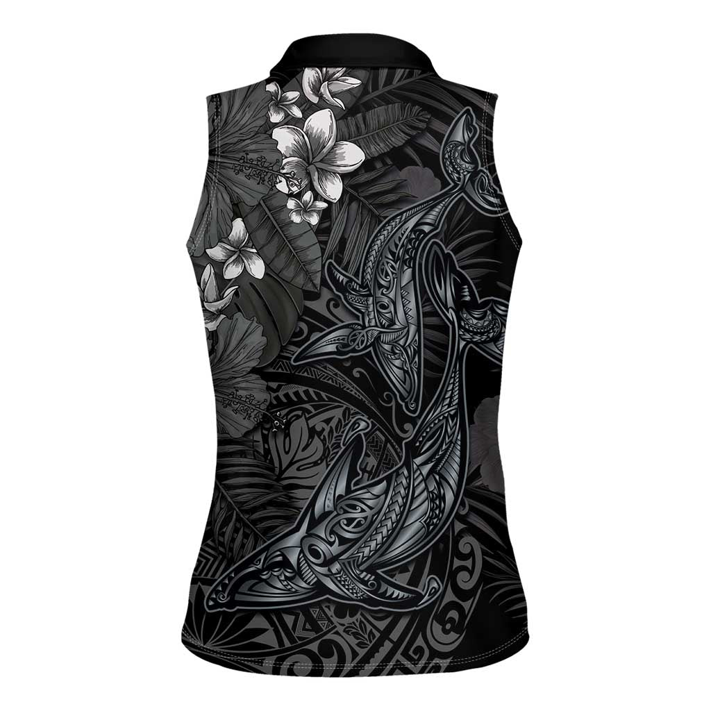 Hawaiian Tropical Plants and Tribal Whales Women Sleeveless Polo Shirt Polynesian Art Tattoo Grayscale LT03 - Polynesian Pride