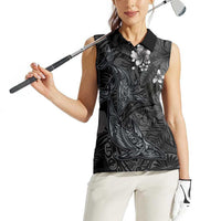 Hawaiian Tropical Plants and Tribal Whales Women Sleeveless Polo Shirt Polynesian Art Tattoo Grayscale LT03 - Polynesian Pride