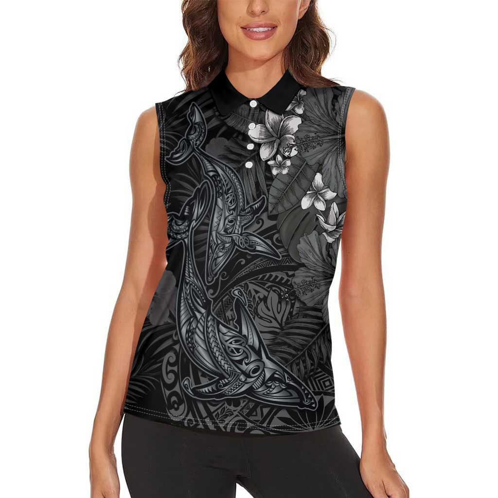 Hawaiian Tropical Plants and Tribal Whales Women Sleeveless Polo Shirt Polynesian Art Tattoo Grayscale LT03 - Polynesian Pride
