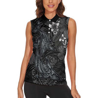 Hawaiian Tropical Plants and Tribal Whales Women Sleeveless Polo Shirt Polynesian Art Tattoo Grayscale LT03 - Polynesian Pride