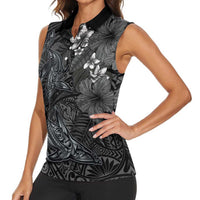 Hawaiian Tropical Plants and Tribal Whales Women Sleeveless Polo Shirt Polynesian Art Tattoo Grayscale LT03 - Polynesian Pride