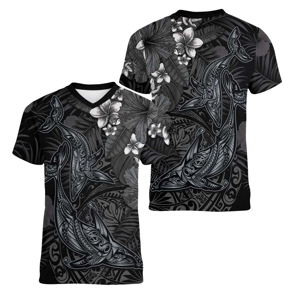 Hawaiian Tropical Plants and Tribal Whales Women V-Neck T-Shirt Polynesian Art Tattoo Grayscale LT03 - Polynesian Pride
